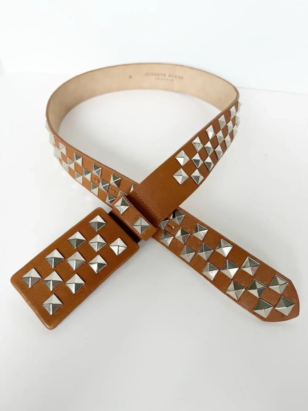 Streets Ahead Studded Leather B Roger Belt Brown Silver Studs Medium Rare